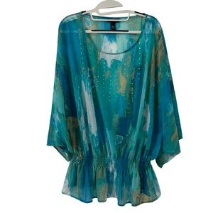 Alfani Abstract Studded Smocked Waist Blouse XL Sheer Artsy Art to Wear Festival